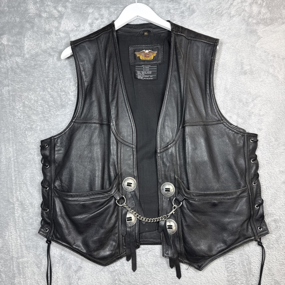 Harley Davidson Leather Vest Mens XL Black Adjustable Side Laces Chain Moto Ride
